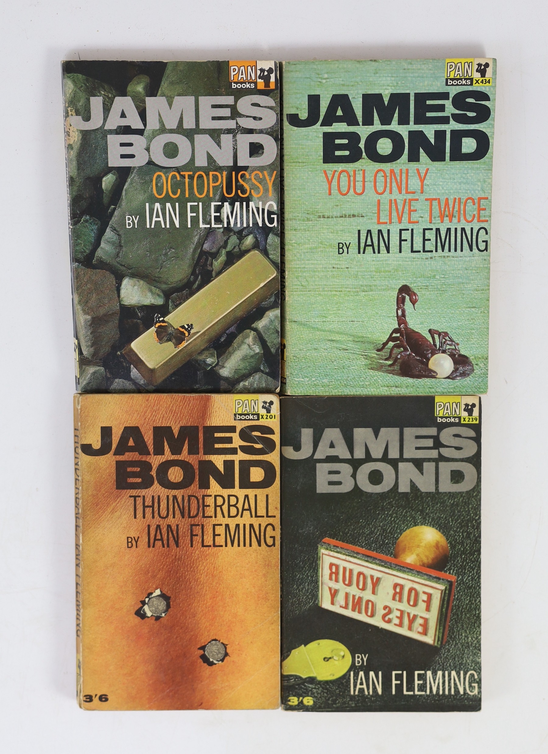 Fleming, Ian - 12 paperbacks, published by Pan Books, consisting - Casino Royale, 1964; Live and Let Die, 1965; Moonraker, 1964; Diamonds Are Forever, 1965; From Russia with Love, 1965; Dr. No, 1964; Goldfinger, 1964; Fo